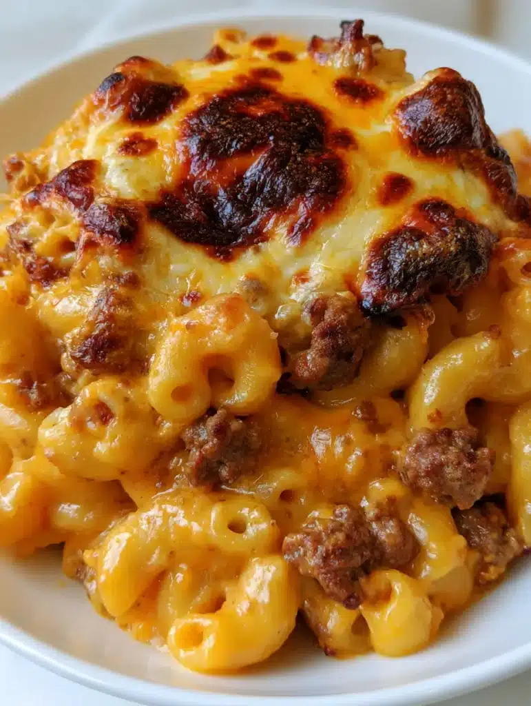 Top view of Beef Macaroni Casserole with thick melted cheese and distinct dark golden-brown charred patches.