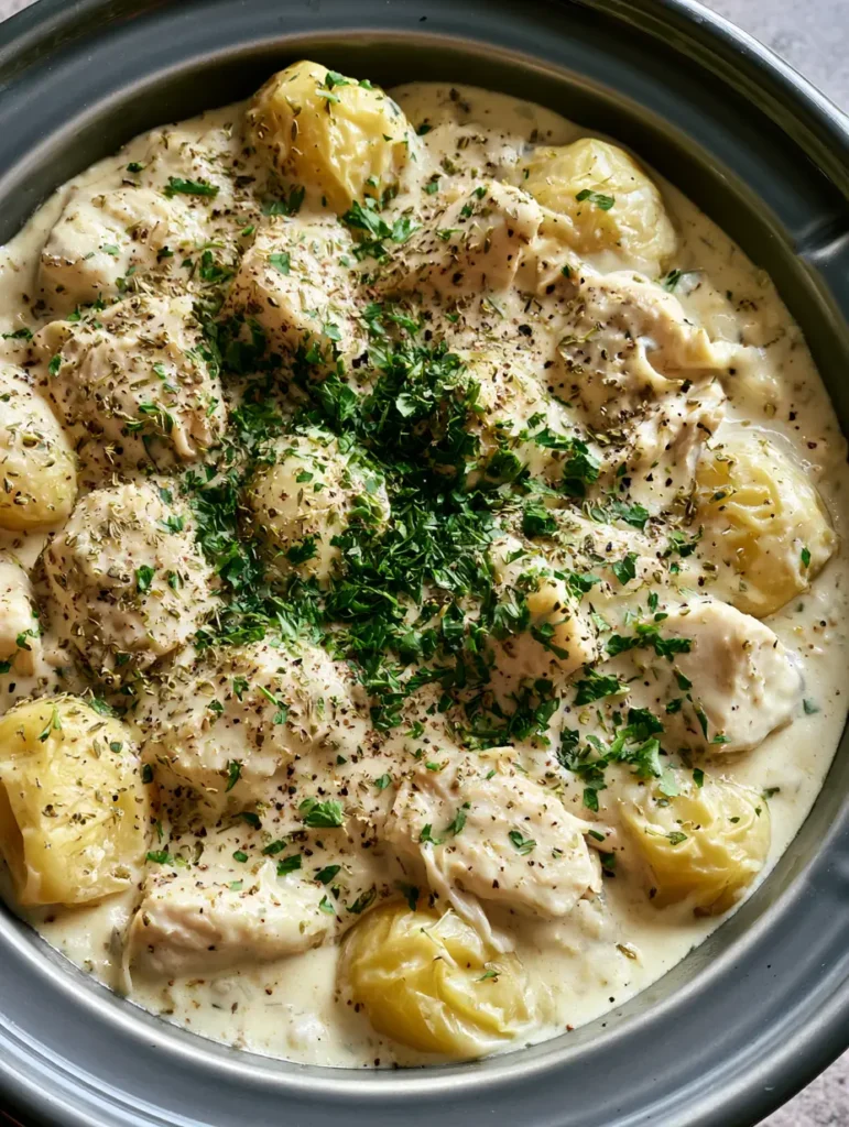 Crockpot Garlic Parmesan Chicken and Potatoes with Velvety Cream Sauce 1 Top-down handheld photo showing the thick, cheese-infused sauce coating tender chicken and potatoes with a scattering of dried oregano and fresh parsley.