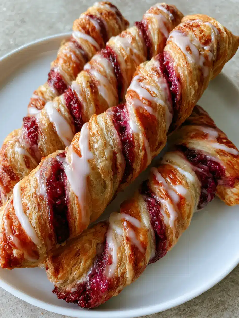 Close up of Berry Puff Pastry Twists with shattered pastry texture and vibrant magenta-red berry fruit filling.