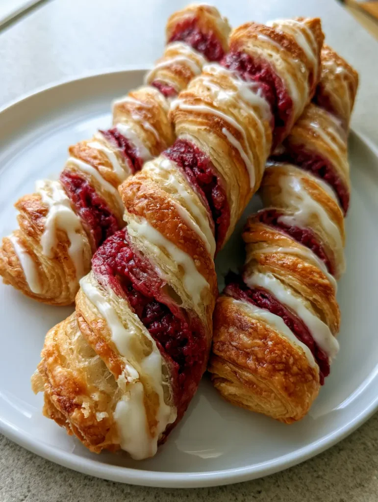 Handheld photo of Berry Puff Pastry Twists on a white plate with thick white icing glaze on a grey stone countertop.