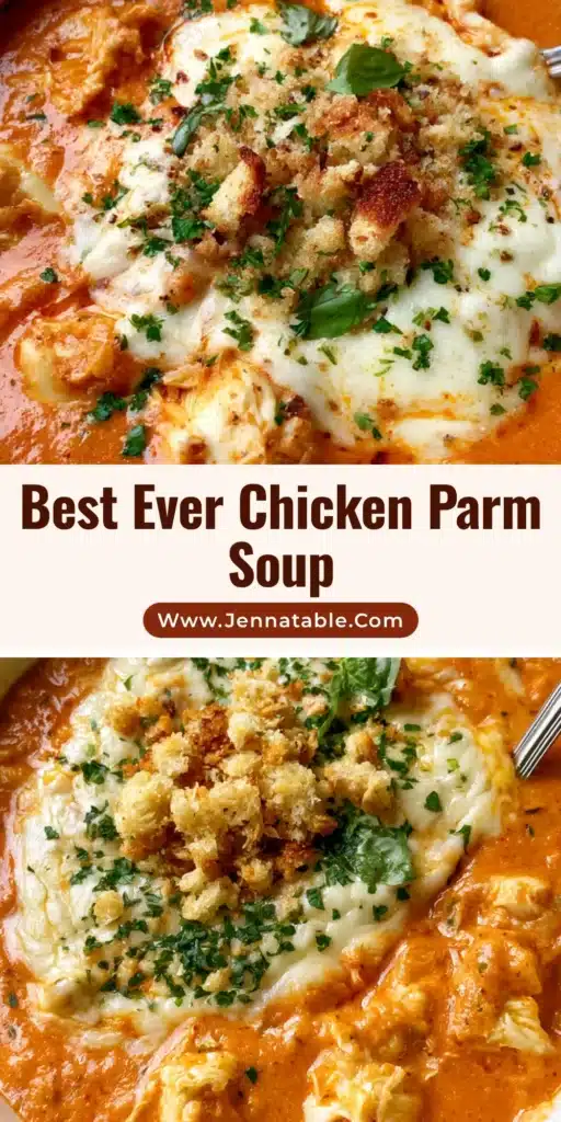 A handheld smartphone photo of a white bowl filled with creamy orange Chicken Parmesan Soup topped with melted mozzarella, golden breadcrumbs, and fresh basil.