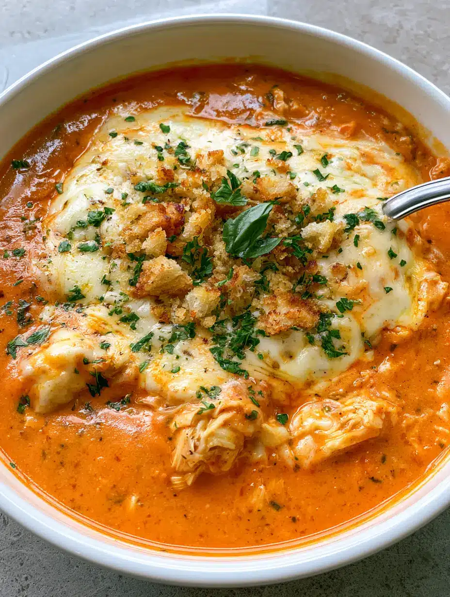 Close-up of Chicken Parmesan Soup in a white bowl showing chunks of shredded chicken and bubbly melted mozzarella cheese.