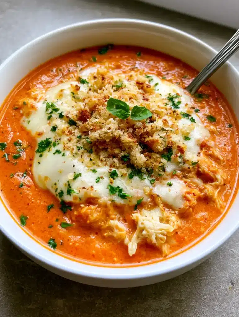 Top view of Chicken Parmesan Soup garnished with fresh parsley and basil leaves on a grey stone countertop.