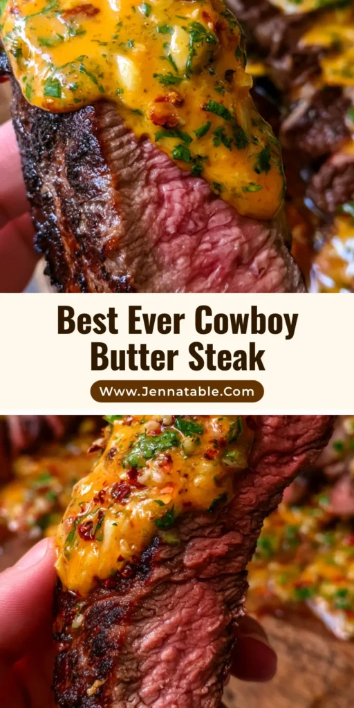 Cowboy Butter Steak: The Ultimate Guide to the Perfect Seared Ribeye 4 A rustic wooden board featuring sliced medium-rare Cowboy Butter Steak glistening with melted orange garlic butter, parsley, and red pepper flakes.