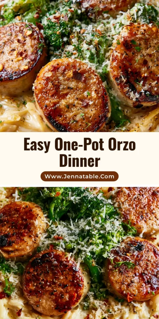 Chicken Sausage Orzo with Creamy Parmesan and Broccoli 4 A shallow white ceramic bowl containing Chicken Sausage Orzo with charred sausage rounds, steamed broccoli, and a heavy dusting of parmesan cheese.