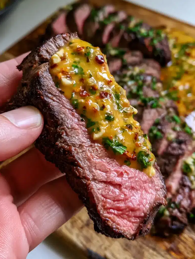Cowboy Butter Steak: The Ultimate Guide to the Perfect Seared Ribeye 2 A close-up of a hand holding a thick slice of medium-rare Cowboy Butter Steak with a dark caramelized crust and vibrant orange butter dollop.