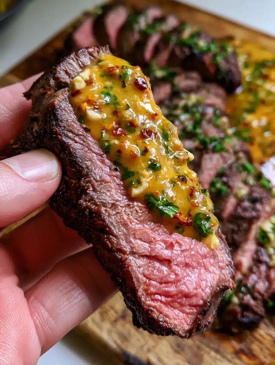 Cowboy Butter Steak: The Ultimate Guide to the Perfect Seared Ribeye 3 A close-up of a hand holding a thick slice of medium-rare Cowboy Butter Steak with a dark caramelized crust and vibrant orange butter dollop.