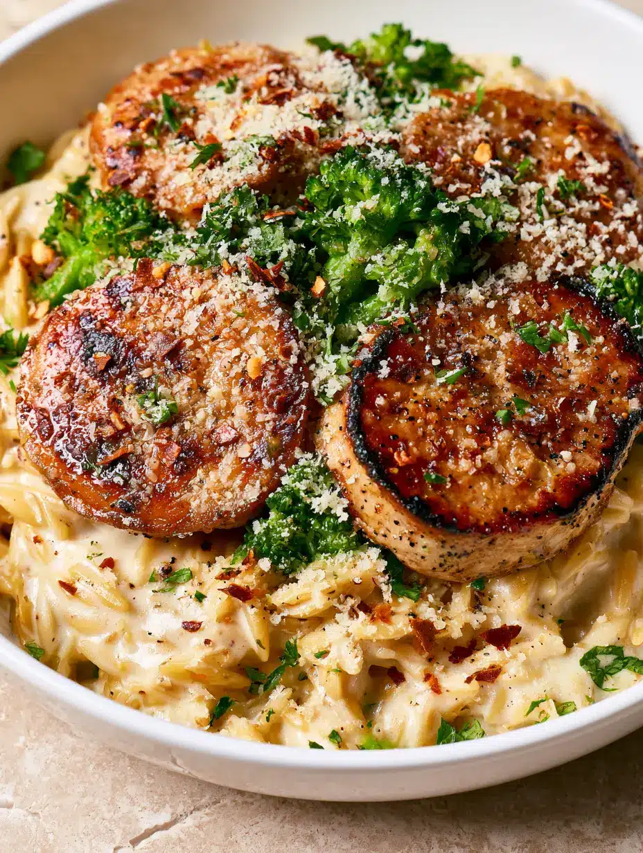 Chicken Sausage Orzo with Creamy Parmesan and Broccoli 3 Close-up of glossy thick white cream sauce coating orzo pasta with seared chicken sausage slices showing charred edges. (Chicken Sausage Orzo)