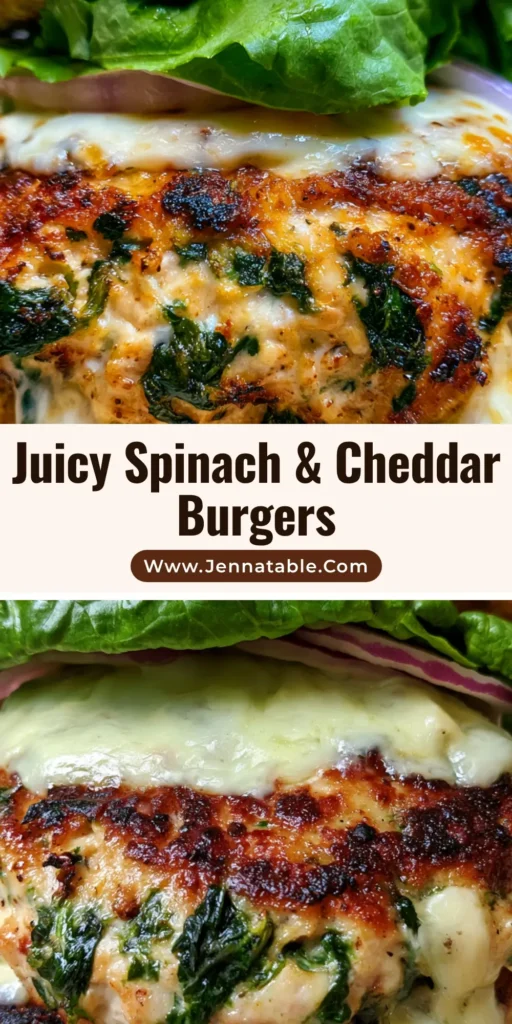 White Cheddar and Spinach Chicken Burgers with a Golden Sear 4 A close-up handheld photo of a thick White Cheddar and Spinach Chicken Burger with a seared patty, molten white cheese, and red onions on a brioche bun.