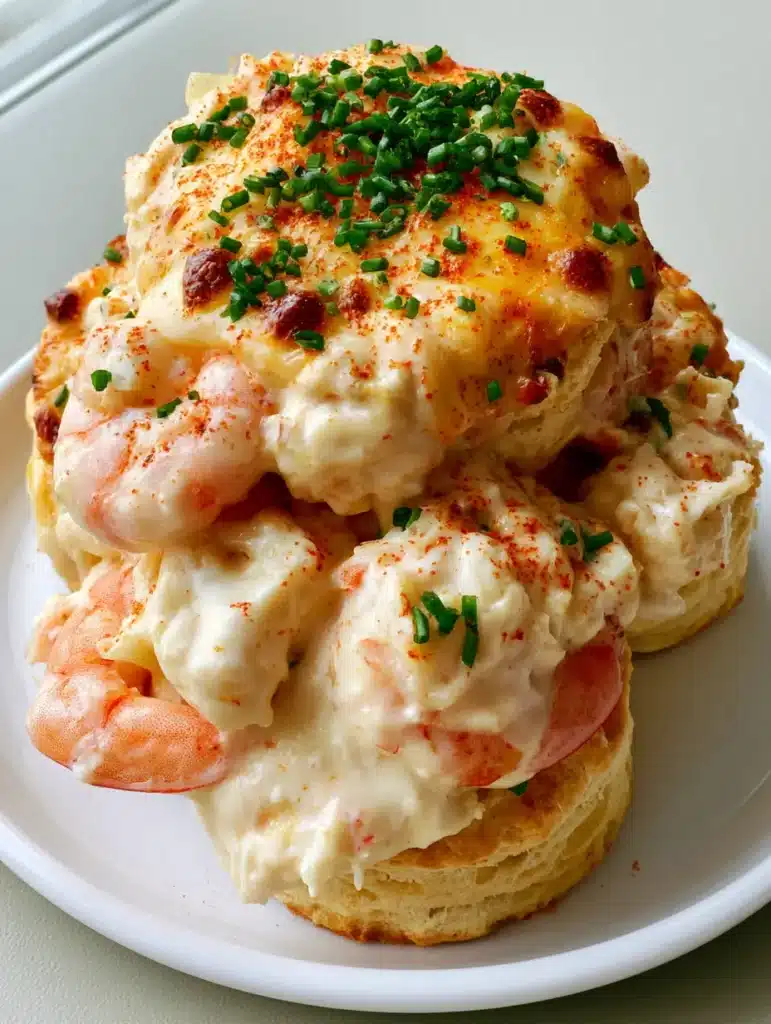 A handheld smartphone photo of Shrimp and Crab Biscuit Melts served on a white plate with a grey background.