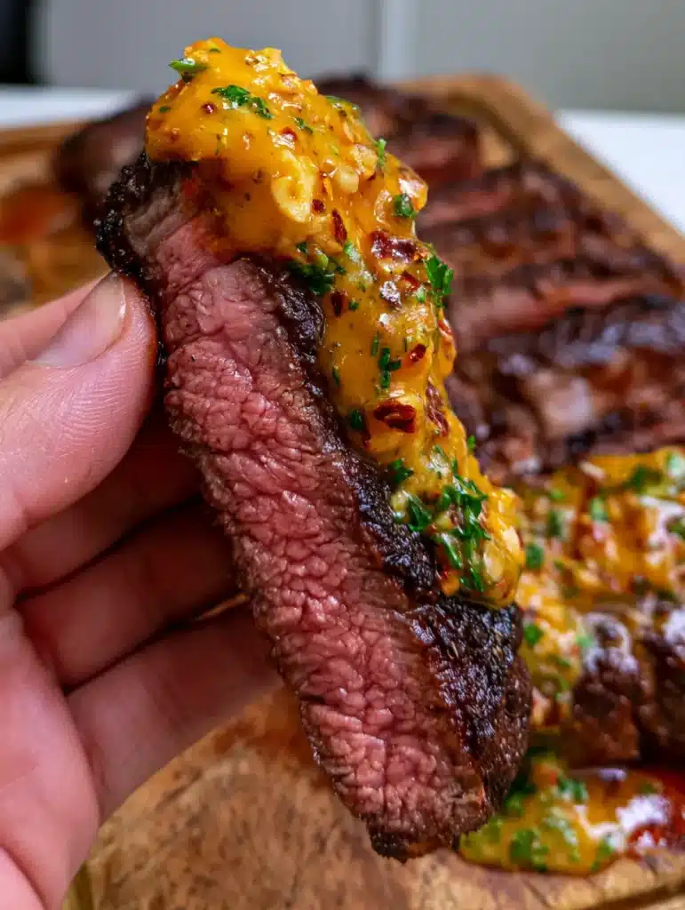 Cowboy Butter Steak: The Ultimate Guide to the Perfect Seared Ribeye 1 Sliced ribeye steak on a wooden board drizzled with vibrant orange-gold cowboy butter, fresh parsley, and garlic bits.
