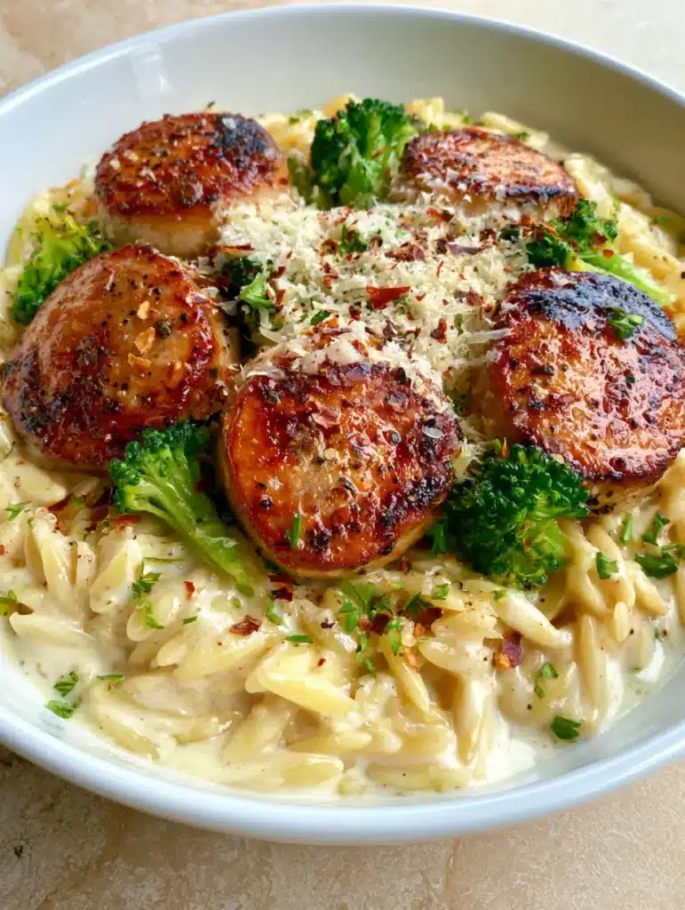 Chicken Sausage Orzo with Creamy Parmesan and Broccoli 1 Bright green steamed broccoli florets nestled between seared chicken sausage slices in a creamy orzo dish garnished with red pepper flakes.