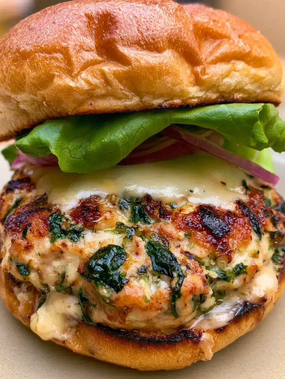 White Cheddar and Spinach Chicken Burgers with a Golden Sear 3 A thick, golden-brown seared chicken burger patty with visible spinach flecks and oozing white cheddar. (White Cheddar and Spinach Chicken Burgers)