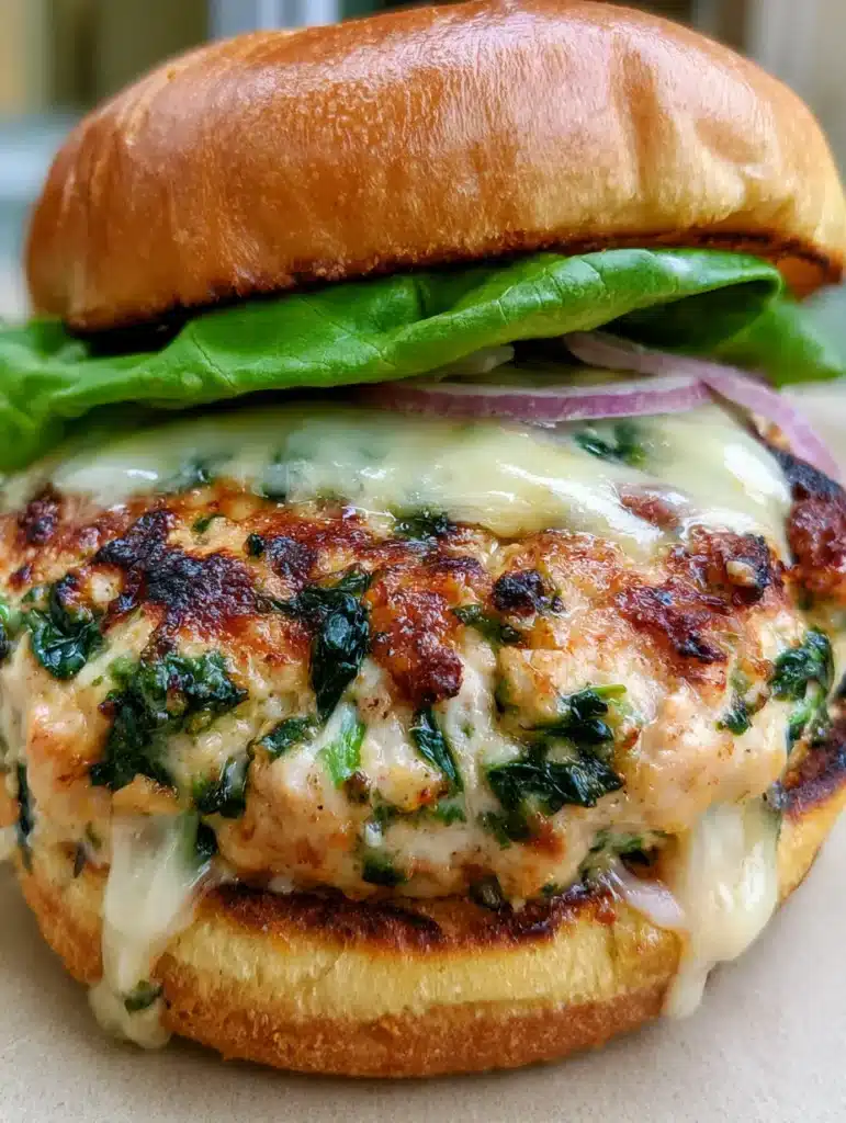 White Cheddar and Spinach Chicken Burgers with a Golden Sear 1 A handheld smartphone photo of a White Cheddar and Spinach Chicken Burger on a brioche bun with lettuce and red onion.
