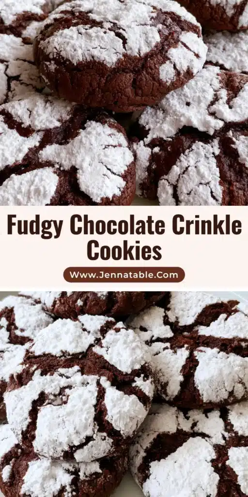 Chocolate Crinkle Cookies with a Fudgy Center and Snow-White Crackle 3 A close-up shot of Chocolate Crinkle Cookies with a deep dark cocoa base and bright white powdered sugar crackle on a ceramic plate.