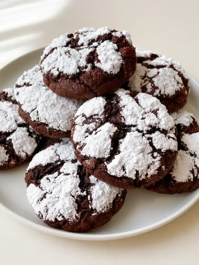 Chocolate Crinkle Cookies with a Fudgy Center and Snow-White Crackle 2 Top-down view of Chocolate Crinkle Cookies on a white plate showing thick, moist dough and white sugar cracks.