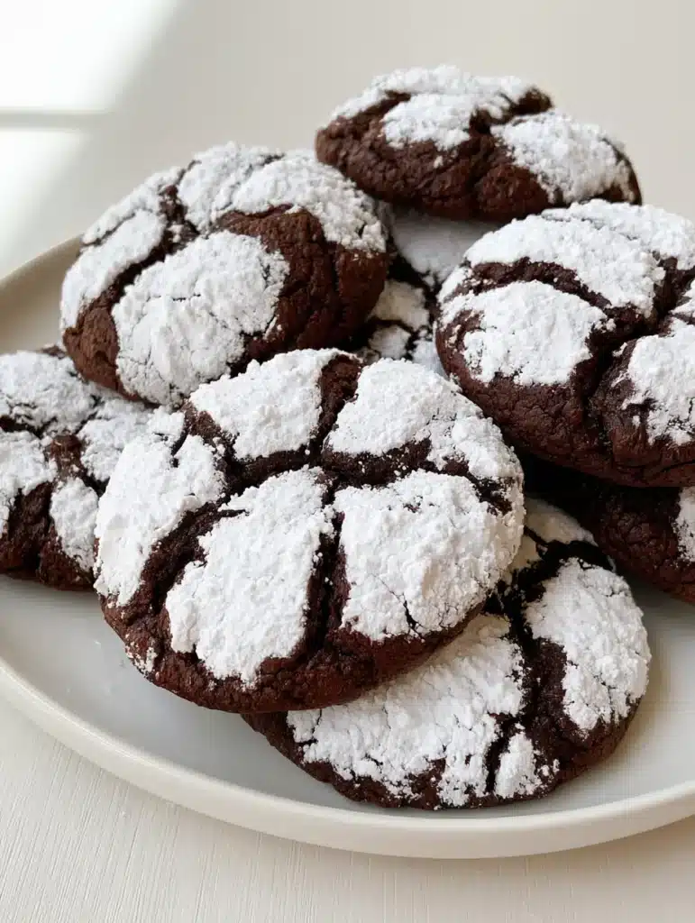 Chocolate Crinkle Cookies with a Fudgy Center and Snow-White Crackle 1 Several chocolate crinkle cookies arranged on a white ceramic plate over a light wooden background.
