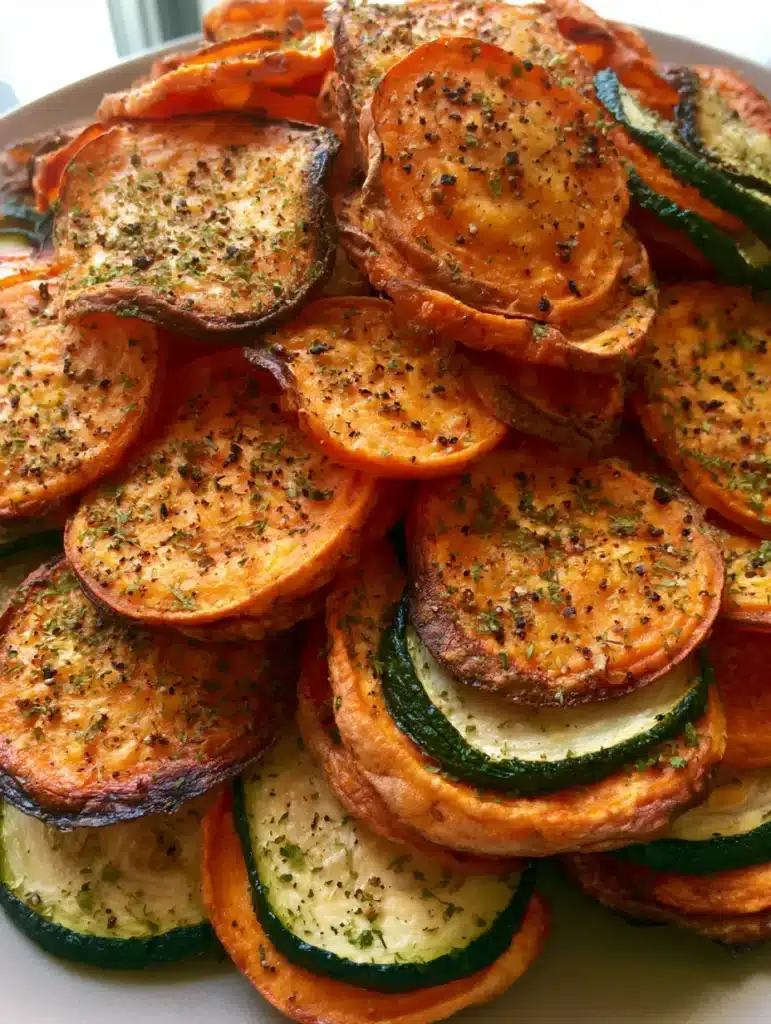 High-angle close-up of Air Fryer Veggie Chips showing matte texture and herb flakes. (Air Fryer Veggie Chips)