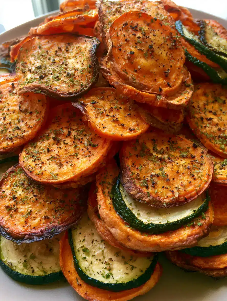 High-angle close-up of Air Fryer Veggie Chips showing matte texture and herb flakes. (Air Fryer Veggie Chips)