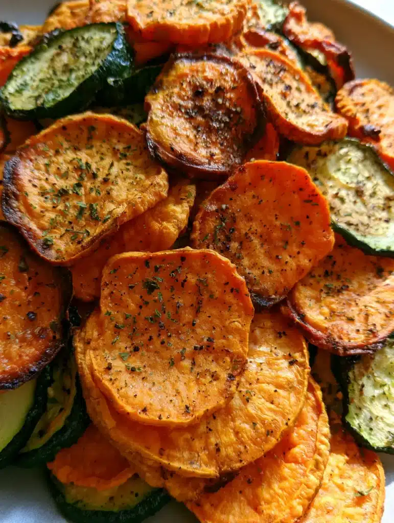 A stack of orange sweet potato and dark green zucchini chips with visible charred edges. (Air Fryer Veggie Chips)