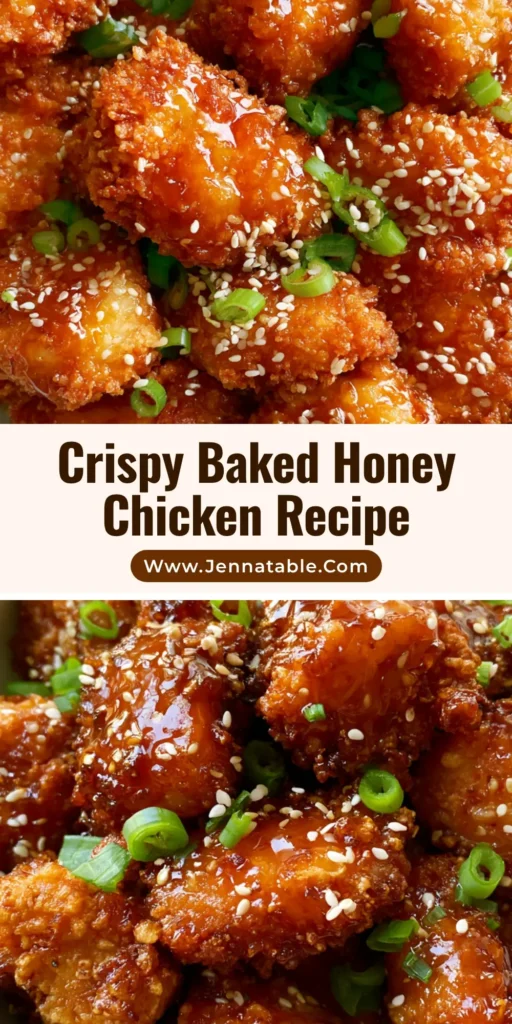 A close-up shot of Baked Honey Chicken bites in a white bowl, coated in glossy amber honey glaze with sesame seeds and green scallions.