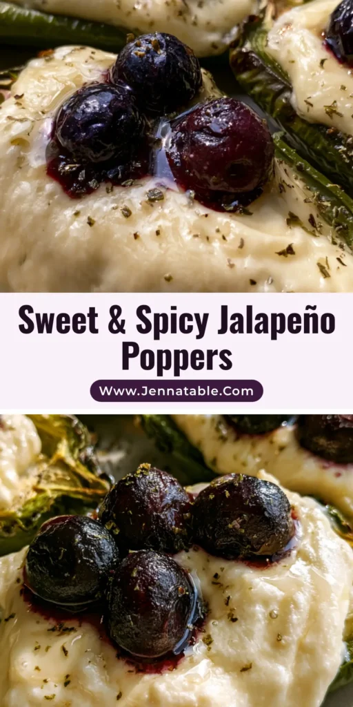 Blueberry Brie Jalapeño Poppers with Honey Drizzle and Roasted Berries 4 A platter of roasted Blueberry Brie Jalapeño Poppers featuring charred green peppers, melted white brie cheese, and bursting purple blueberries with a honey drizzle.