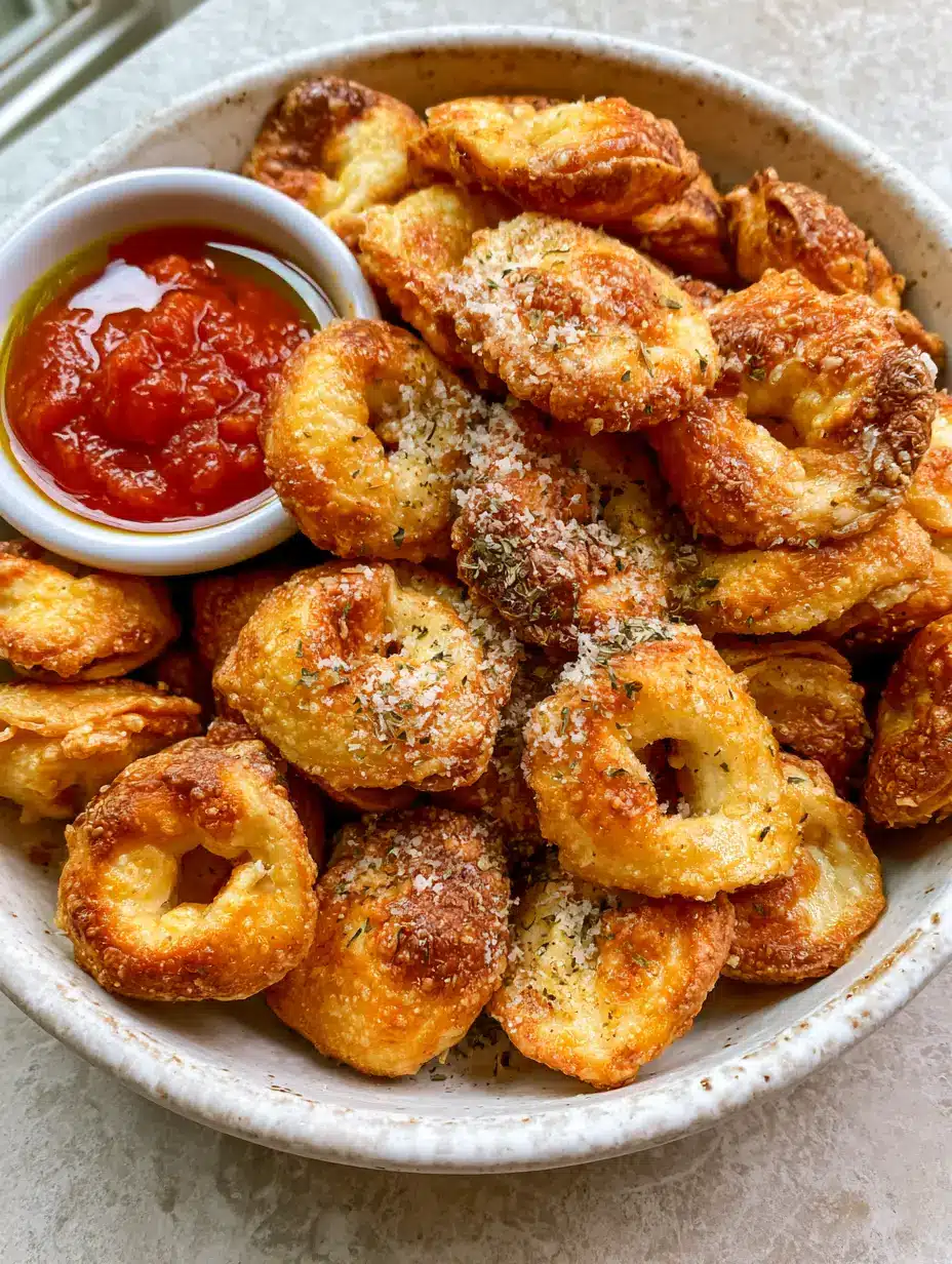 Air Fryer Cheese Tortellini: The Ultimate Crispy Pasta Snack 4 Close up view of air-fried cheese tortellini with deeply toasted edges and a light oil sheen in a rustic bowl. (Air Fryer Cheese Tortellini)