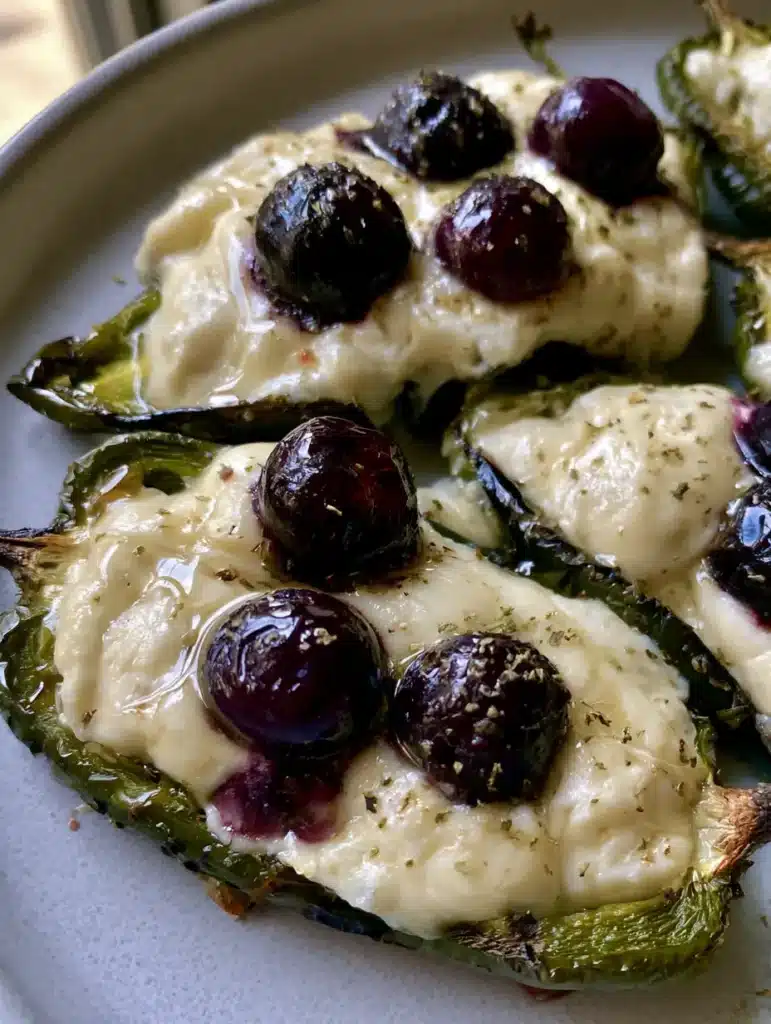 Blueberry Brie Jalapeño Poppers with Honey Drizzle and Roasted Berries 2 Close up of Blueberry Brie Jalapeño Poppers on a grey ceramic plate, showing the blistered green skin and glossy blueberries.