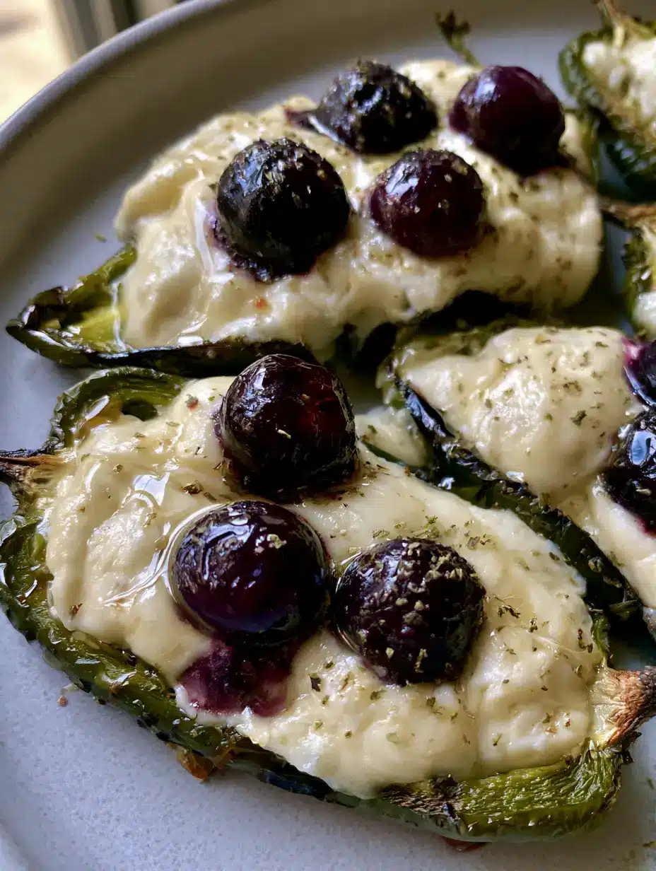 Blueberry Brie Jalapeño Poppers with Honey Drizzle and Roasted Berries 3 Close up of Blueberry Brie Jalapeño Poppers on a grey ceramic plate, showing the blistered green skin and glossy blueberries.