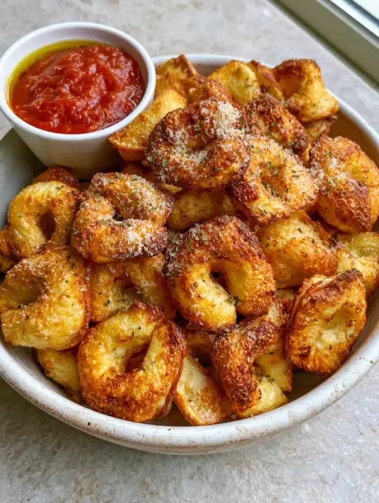 Air Fryer Cheese Tortellini: The Ultimate Crispy Pasta Snack 1 Top-down view of crunchy air fryer cheese tortellini dusted with parmesan cheese and dried oregano flakes.