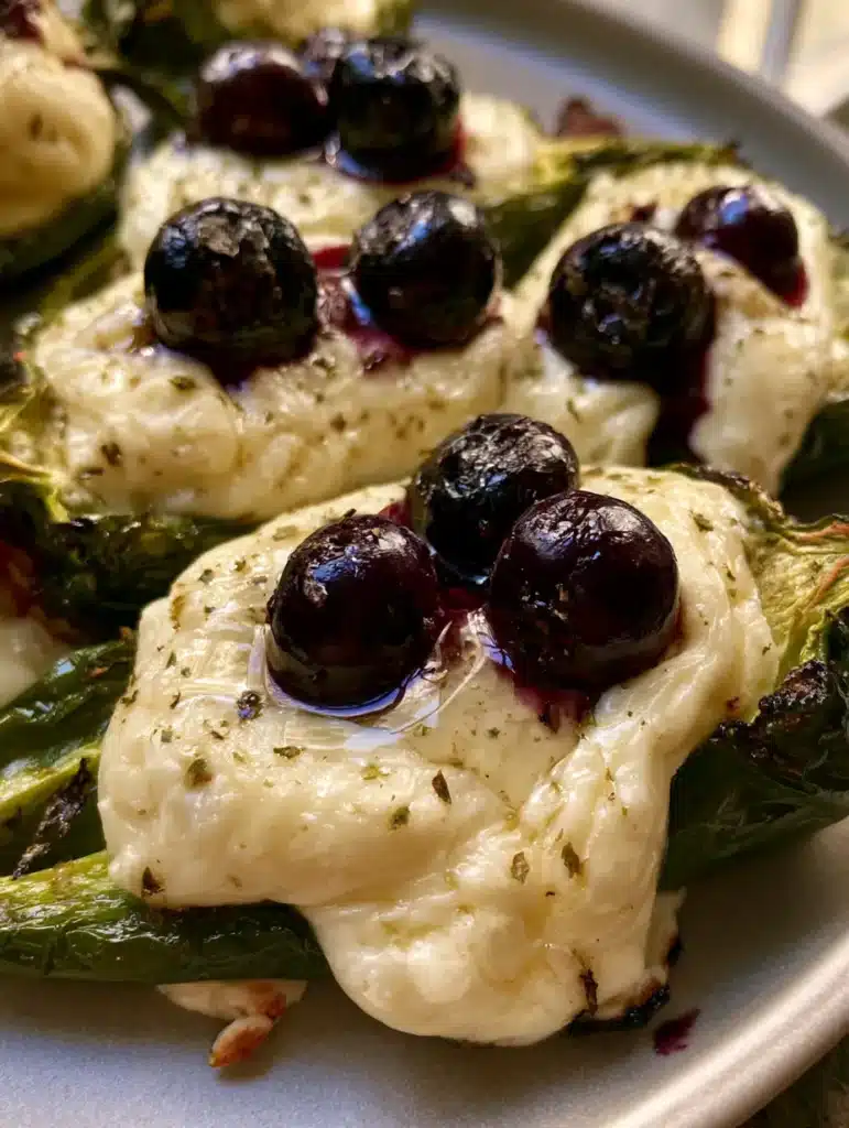 Blueberry Brie Jalapeño Poppers with Honey Drizzle and Roasted Berries 1 Overhead mobile photo of Blueberry Brie Jalapeño Poppers with glistening honey glaze and dried herb flakes.