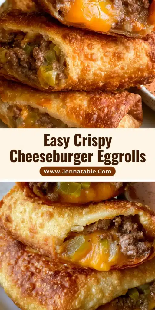 Cheeseburger Eggrolls with Zesty Secret Dipping Sauce 4 A stack of golden-brown Cheeseburger Eggrolls on a white plate with a side of orange-pink dipping sauce.