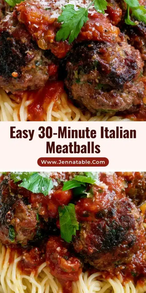 A close-up of Italian Meatballs with a browned crust, served over spaghetti with thick marinara sauce, parmesan cheese, and parsley sprigs.