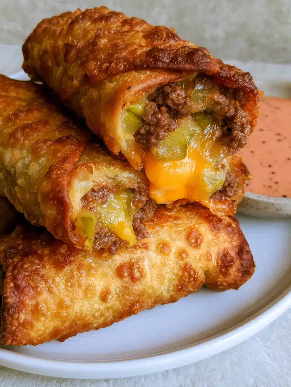 Cheeseburger Eggrolls with Zesty Secret Dipping Sauce 3 Close up of deep-fried Cheeseburger Eggrolls showing bubbly flour wrappers and molten cheddar interior.