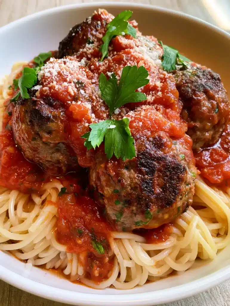 Smartphone photo of four large seared Italian Meatballs on a mound of spaghetti in a white ceramic bowl.